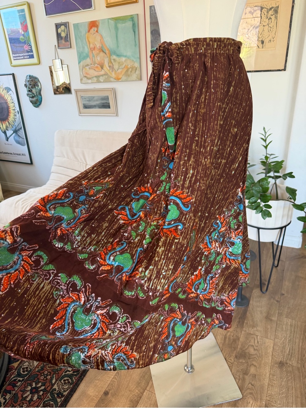 Vintage Boho Festival Brown Psychedelic Floral Maxi Wrap Skirt-Green and Blue